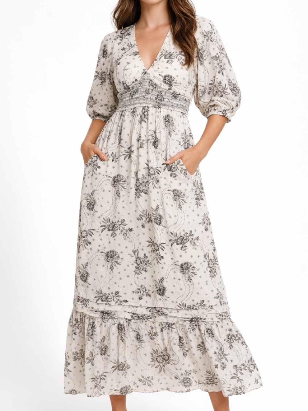Free People Cream Floral Maxi Dress with Puff Sleeves Cotton
